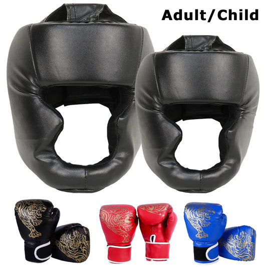 Guantes de boxeo de seguridad para adultos y niños, casco, protectores de cabeza