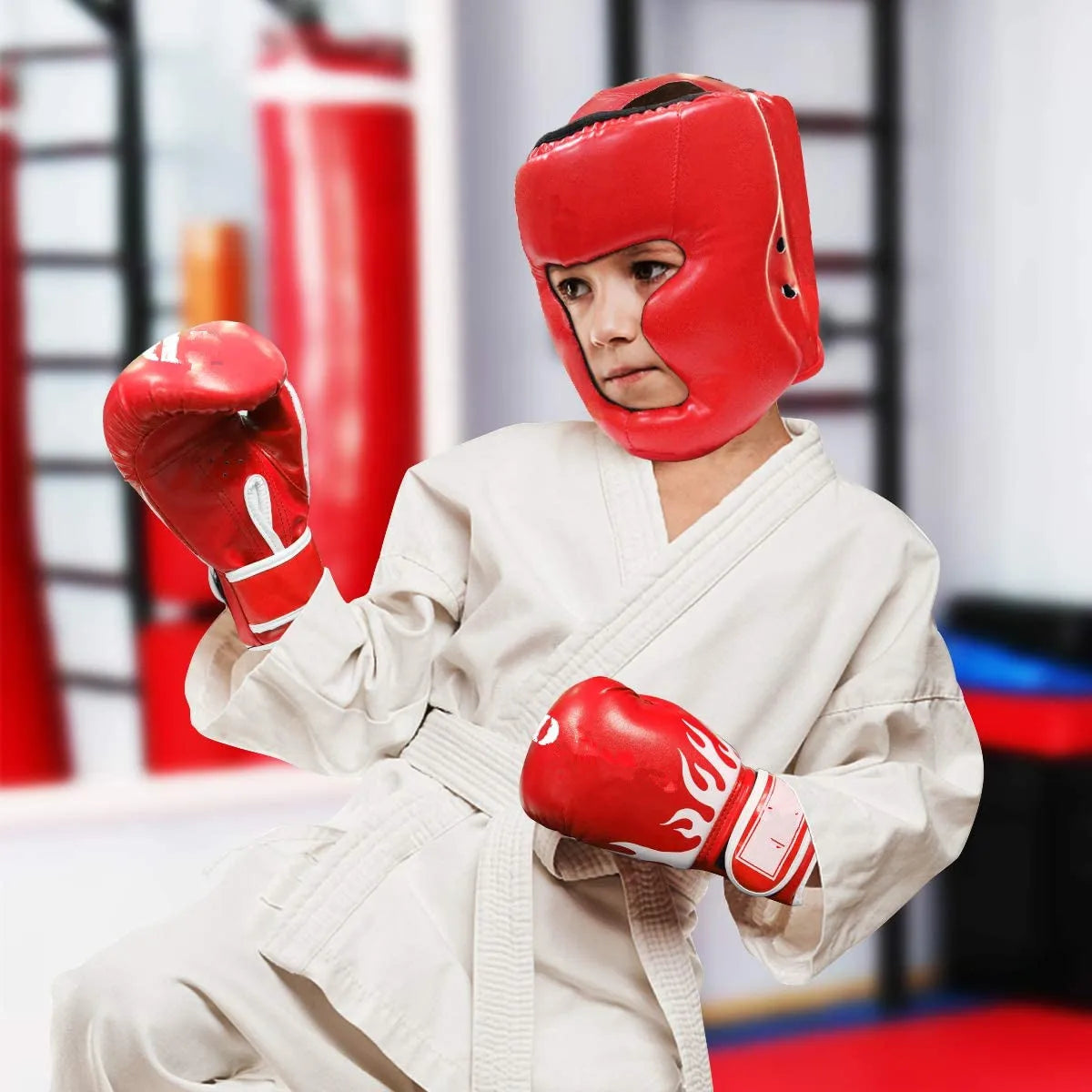 Guantes de boxeo de seguridad para adultos y niños, casco, protectores de cabeza